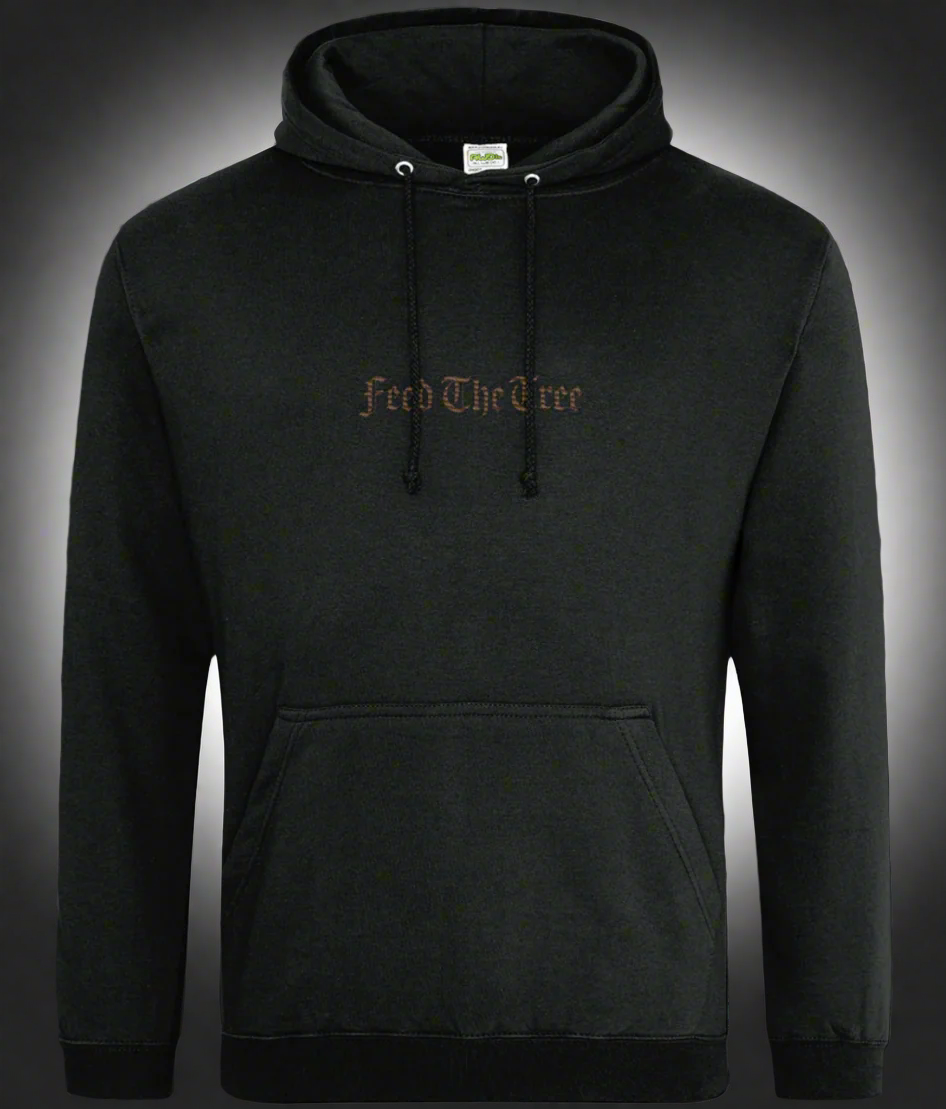 Black hoodie with text on a dark texture background